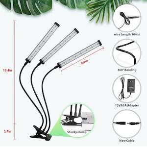 May include: Three black flexible gooseneck lamps with white LED lights and sturdy clamps. Each lamp is 15.4 inches tall and the light bar is 9.4 inches long. The lamps are connected to a 12V and 3A adapter with a 104-inch wire.