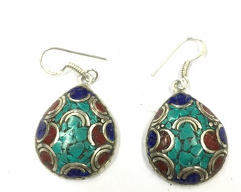 Beautiful Nepali Earrings Turquoise Gemstone Earrings Handmade Tibetan Earrings