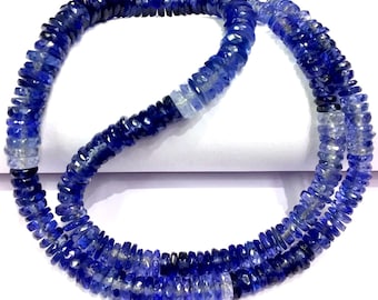 AAAA ++ CALIDAD ~~ Cuentas sombreadas de zafiro azul Cuentas de neumático de zafiro facetado Zafiro Heishi Cuentas cortadas Cuentas de zafiro brillantes completas.