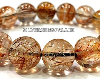 AAAA+ Natural Copper Rutilated Quartz Bracelet Healing Bracelet,Energy Bracelet,13.MM Round Bracelet Jewelry Gifts, Rutile Quartz Beads.