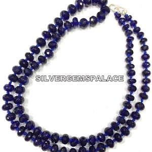 AAA+ Natural Blue Sapphire Beads Necklace With 925 Silver Clasp Hand Knotted Necklace Faceted Sapphire Gemstone Beads Gift For Birthday.