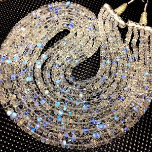 AAA+ Natural Rainbow Faceted Rondelle Beads Great Fire White Rainbow Beads Blue Flashy Rainbow Moonstone Beads 5.MM Rondelle Beads 1 Strand.
