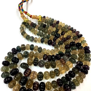 Extremely Beautiful Very Rare Natural Multi Fluorite Carved Melon Beads Fluorite Melon Shape Beads Wholesale Fluorite GemstoneTotal 3 Strand