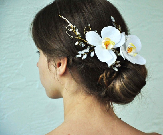 Orchid Flower Hair Piece Bridal Flower Hair Vine Wedding Head Piece Bride Tropical Flower Hair Jewellery White Floral Crystal Hair Clip Girl