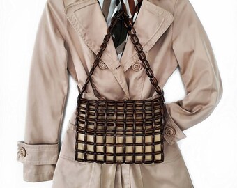 Handmade Wooden Bead Bag, Brown Cream Fabric Clutch, Casual Evening Style