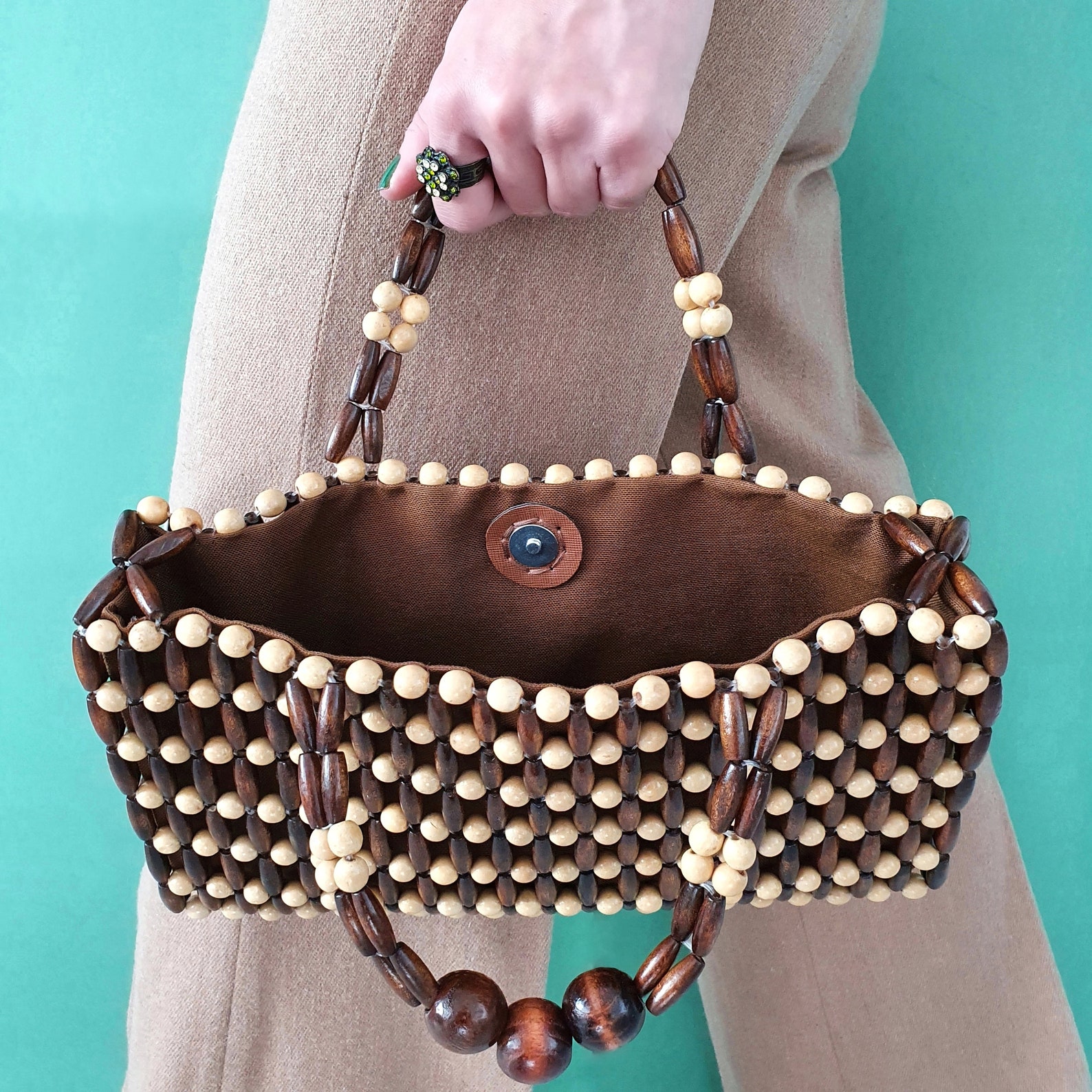 Original 1940’s Wooden Beaded Bag - In 2 Tone Brown Wooden Beads
