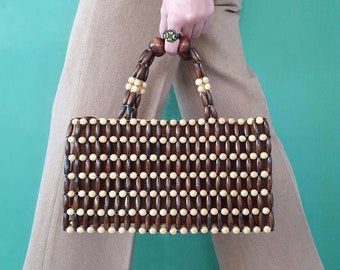 Handmade Wooden Bead Bag, Brown Cream Clutch, Casual Evening Handbag