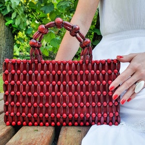 Wooden Bead Bag, Woman Handbag, Bead Wood Bag, Red Bead Bag, Bead Bag, Bead Bag Handle, Bag, Wood Bag, Beaded Handbag