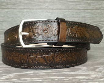 Tooled leather belt, cowboy belt, mens belt, tooled belt, leather belt, belt name, gift for dad, belt gift, horse belt, western belt.