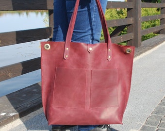 Leather Tote Bag for Women, Personalized Everyday Use shoulder bag, Handmade Crossbody Bag, Burgundy Student Laptop Bag, Gift for Her