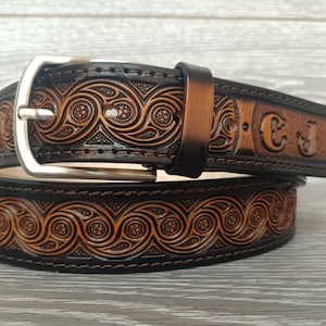 Wedding Belt Waves Embossed Leather belt, Tooled Western Floral Engraved, Leather Belt 100% Genuine Full Grain Cowhide with Snaps Groomsmen