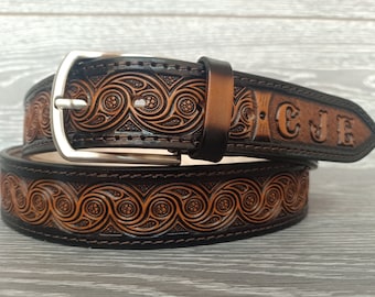 Wedding Belt Waves Embossed Leather belt, Tooled Western Floral Engraved, Leather Belt 100% Genuine Full Grain Cowhide with Snaps Groomsmen