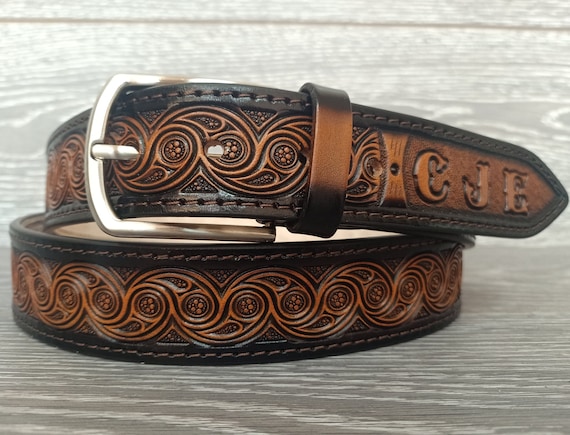 Wedding Belt Waves Embossed Leather Belt, Tooled Western 