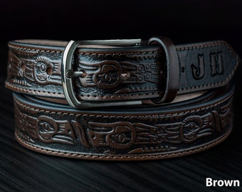 Personalized Leather Belt, Eagle Scene Belt, Leather Belt With Eagle Heads, Mens Eagle Leather Belt, Eagle Style Leather Belt, Gifts for Men
