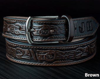 Eagle Style Leather Belt, Gifts for Men, Personalized Leather Belt, Eagle Scene Belt, Leather Belt With Eagle Heads, Mens Eagle Leather Belt