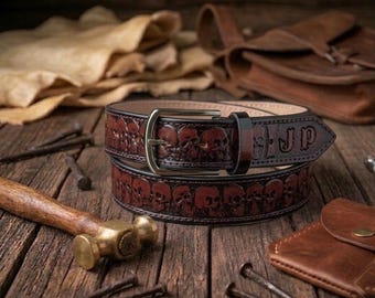 Custom Skull Leather Belt, Rocker Style Belt,Men's Leather Belt with Skulls, Leather Skull Belt, Biker belt, Skull Tooled Brown Leather belt