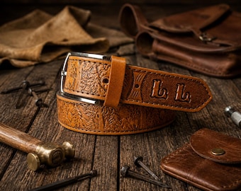 Forest design belt, Wildlife Leather Wildlife Scene Belt, Personalized Leather Belt, Hiking belt, Woodland Leather Belt, Tooled Leather Belt