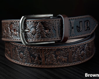 Personalized Leather Belt, Hiking belt, Woodland Leather Belt, Tooled Leather Belt, Forest design belt, Wildlife Leather Wildlife Scene Belt