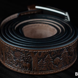 Ceinture en cuir personnalisée, Ceinture de randonnée, Ceinture en cuir des bois, Ceinture en cuir repoussé, Ceinture au design forestier, Ceinture en cuir animalier image 8