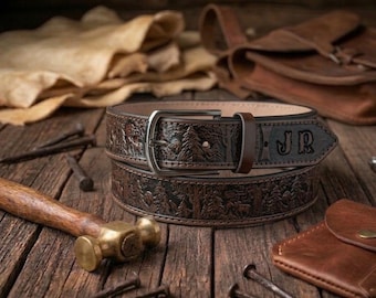 Wildlife Leather Wildlife Scene Belt, Anniversary Gift for Him Grooms, Father gift, Cowboy Handmade Leather Belt, Work Belt, Ranger Belt