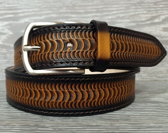 Ceinture homme faite main, ceinture en relief vintage, ceinture beige dégradé, ceinture en cuir, ceinture pour homme, ceinture en cuir repoussé, ceinture en cuir pour homme, ceinture homme western