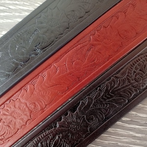 Tooled leather belt, mens belt, black leather belt, embossed leather belt, Brown leather belt, mens leather belt, western belt