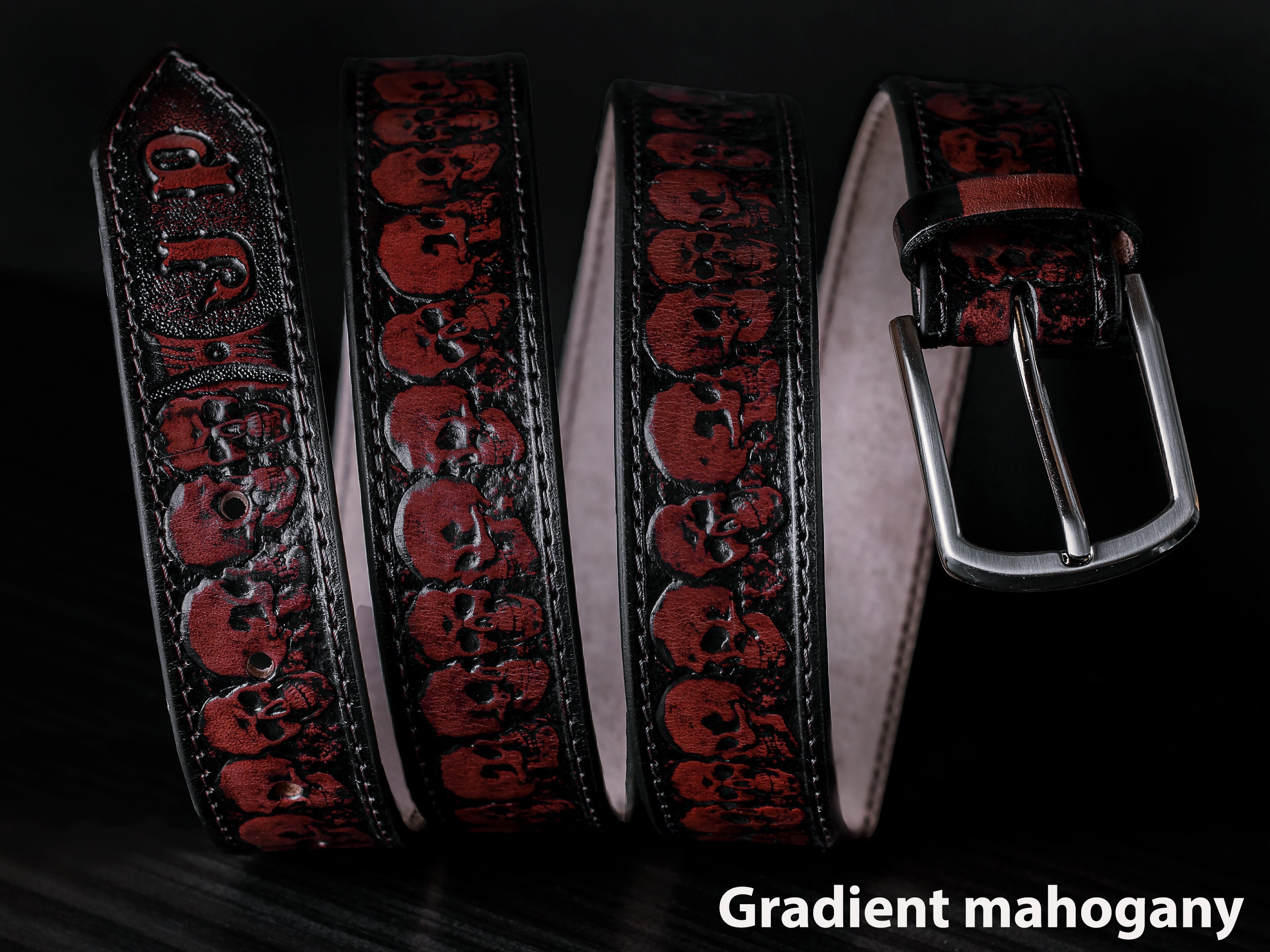 Vintage Red Leather Belt Animal Studs & Custom Skull Buckle Western Biker vogueteen Mens Goth Skull Cross Vintage Red Genuine Leather  main image 4