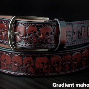 Leather Skull Belt, Biker belt, Skull Tooled Brown Leather belt, Custom Skull Leather Belt, Rocker Style Belt,Men's leather belt with skulls
