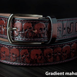 Leather Skull Belt, Biker belt, Skull Tooled Brown Leather belt, Custom Skull Leather Belt, Rocker Style Belt,Men's leather belt with skulls