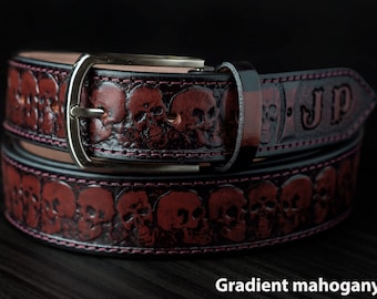 Leather Skull Belt, Biker belt, Skull Tooled Brown Leather belt, Custom Skull Leather Belt, Rocker Style Belt,Men's leather belt with skulls