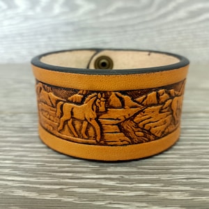 Wide leather bracelet, Men women bangle, Leather Bracelet Cuff Wristband with Horses, Leather armlet arm guard Leather wristbands wrist cuff