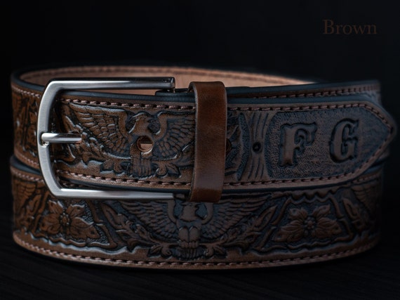 Handmade Men Western Work Leather Belt American Eagle Design,Leather  Belt,Christmas Gift, Mens leather belt, Brown leather belt, Custom Belt
