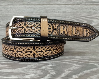 Mens leather belt, gift for dad, boyfriend gift, gift for boyfriend, belt gift, tooled leather belt, embossed belt, belt name, celtic belt