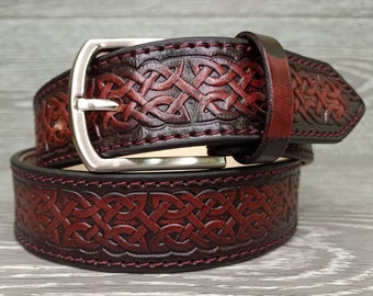 Custom Designed Available for Men and Women Leather Belt Celtic Irish Design Belt in Brown or Black, Gradient mahogany celtic belt