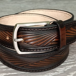 Tooled leather belt, mens leather belt, western leather belt, embossed belt, personalized belt, gift for dad, fathers day gift, papa gifts. Gradient brown