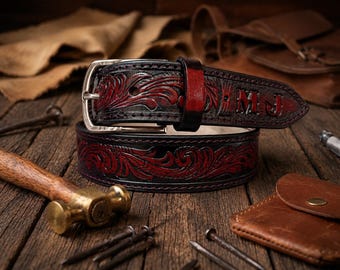 Personalized Western Floral Belt, Handmade Full Grain Leather Initials Cowboy Gift, Leather Belt for Men, Custom Hand Tooled Leather Belt
