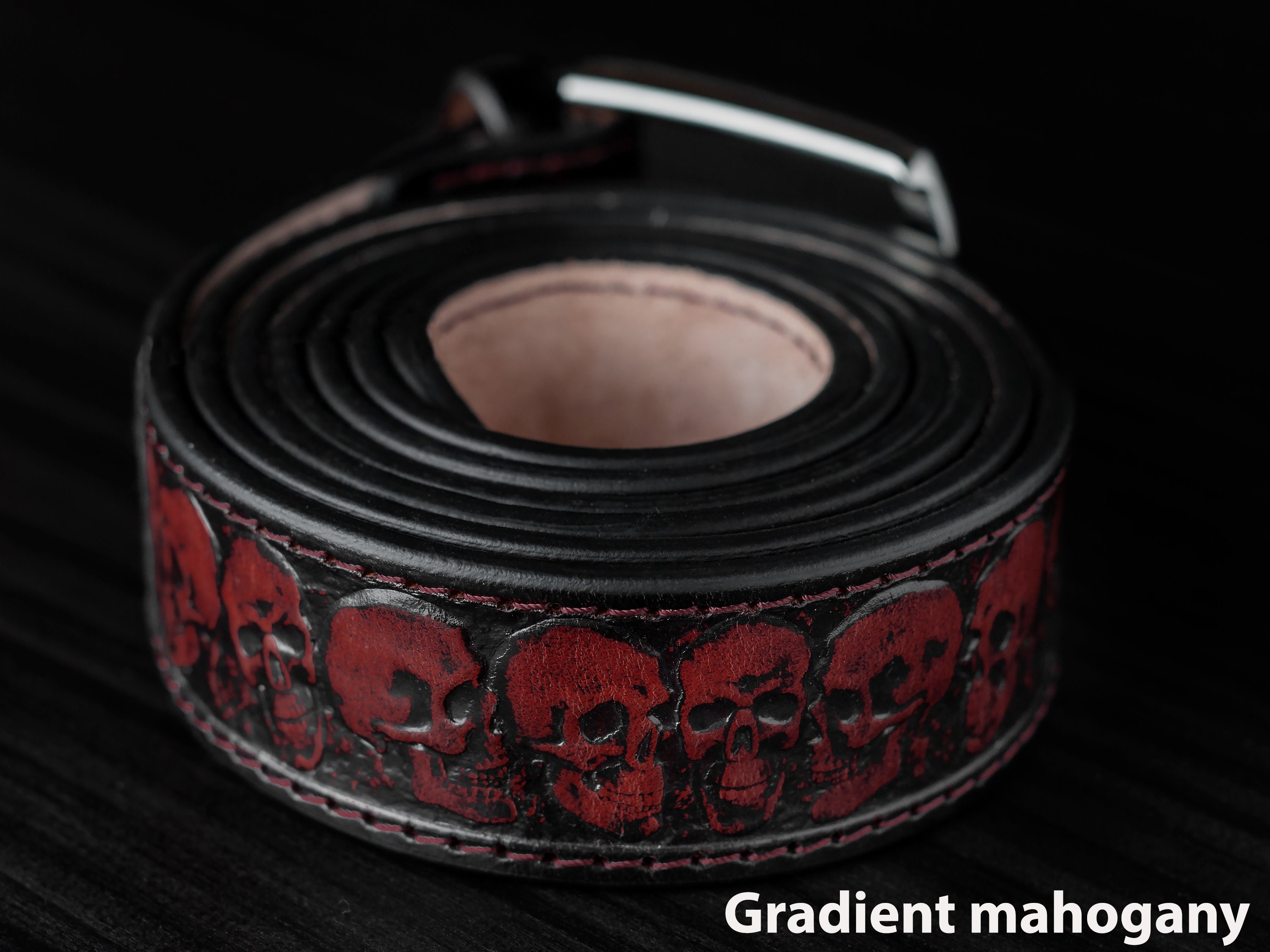 Leather Skull Belt, Biker Belt, Skull Tooled Brown Leather  display picture 1