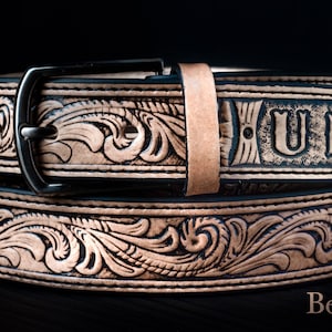 Custom leather belts, Handmade leather belts, Personalized Flowers Tooled Leather Belt, western belt, mens western belt, cowboy belt image 1