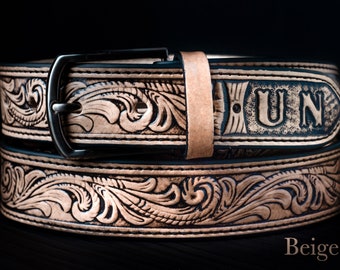 Ceintures en cuir personnalisées, ceintures en cuir faites main, ceinture en cuir repoussée de fleurs personnalisées, ceinture western, ceinture western pour homme, ceinture de cow-boy