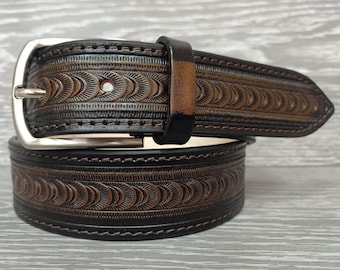 Western Belt Gradient Brown Leather Mens Belt, Custom Tooled Belt, Cowboy Belt for Women