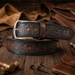 May include: A dark brown leather belt featuring an embossed forest scene with trees and animals, a silver-toned metal buckle, and the initials JH stamped on the strap. The belt has visible stitching along the edges and a smooth, polished finish.