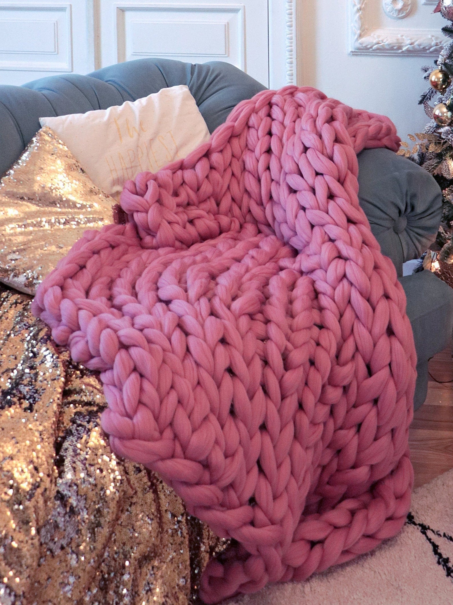 Chunky Knit Blanket Pink Blanket Pink Throw Blanket Throw Etsy