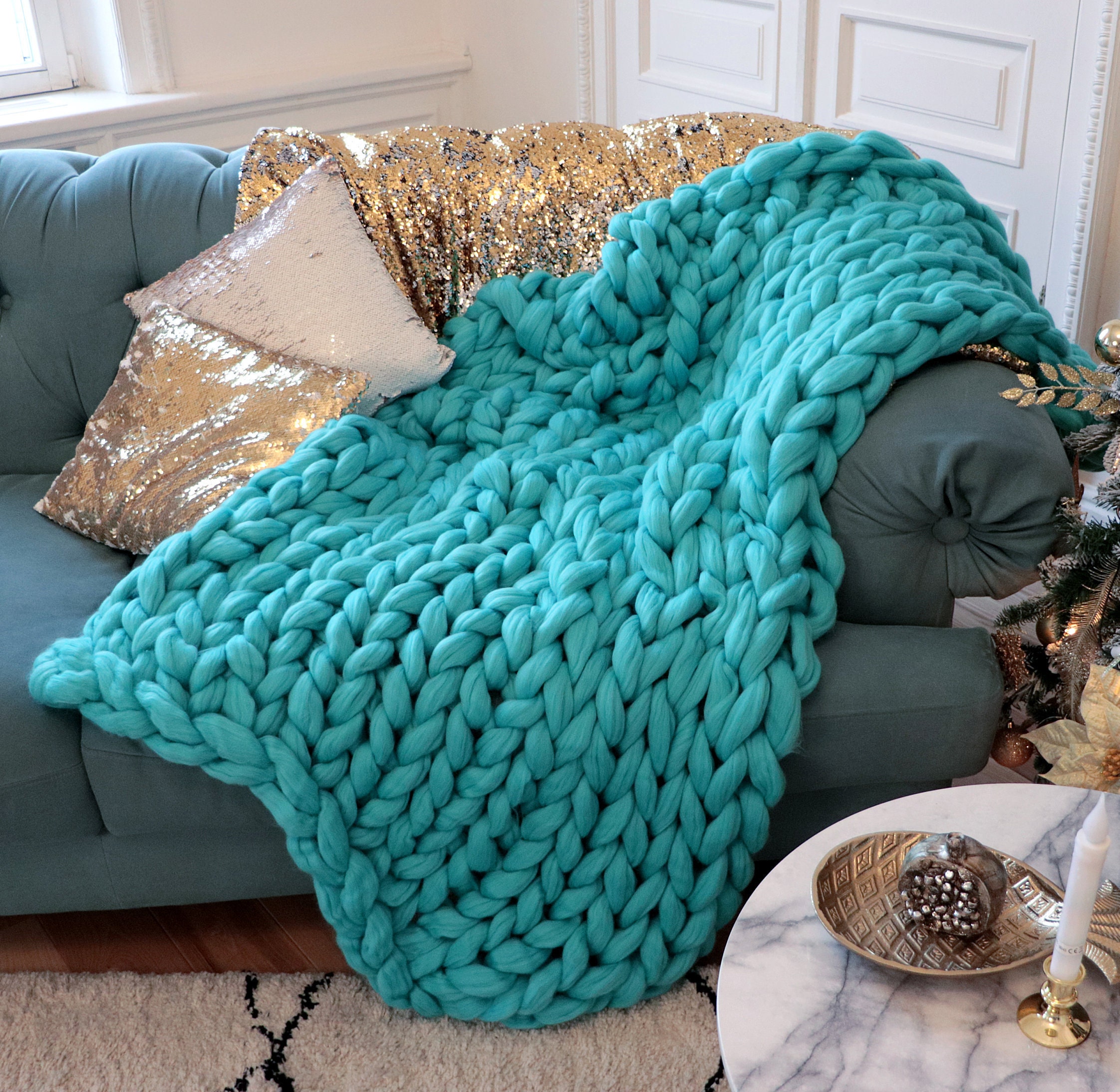 Teal Knit Blanket Chunky Knit Blanket Giant Blanket Chunky Etsy
