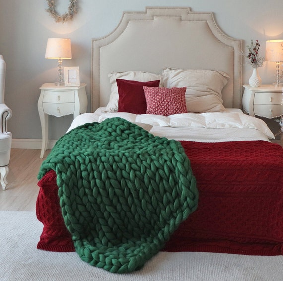 Dark Green Throw Blanket Emerald Green Throw Chunky Knit Etsy