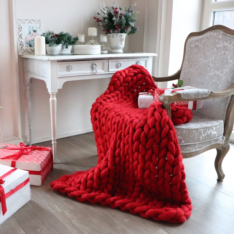 Red Throw Blanket Chunky Red Throw Red Knitted Blanket Etsy