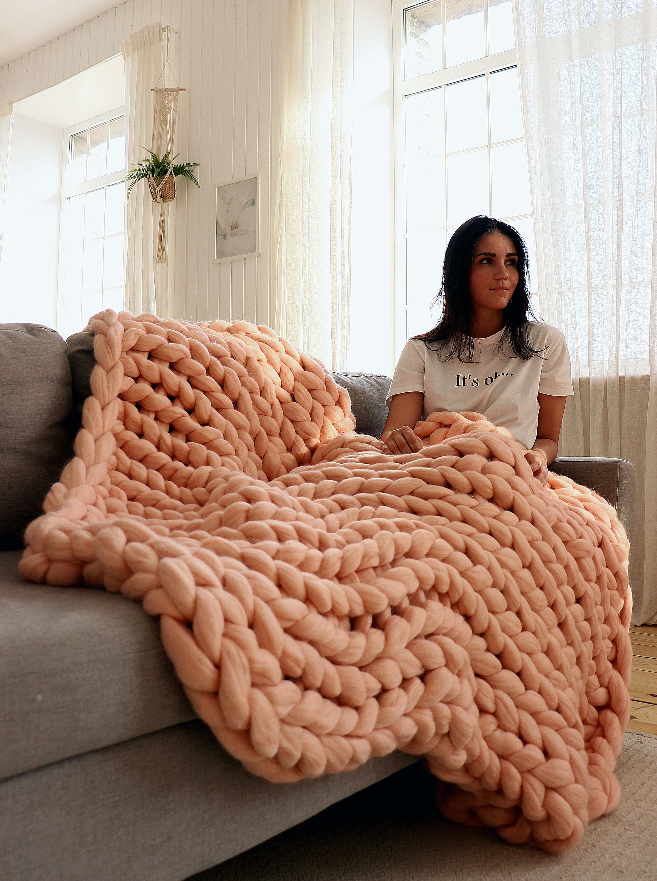 Pink Knit Throw Blanket Chunky Knit Blanket Knitted Blanket Etsy