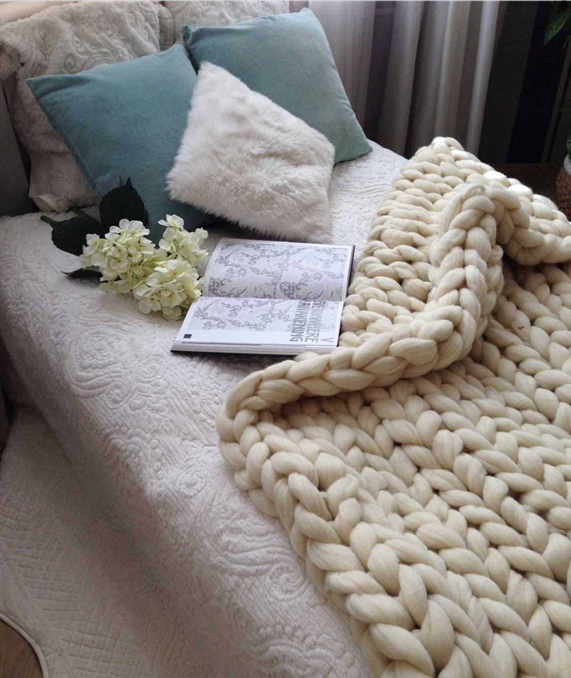 Throw Blanket Cream Chunky Knit Blanket White Chunky Blanket Etsy