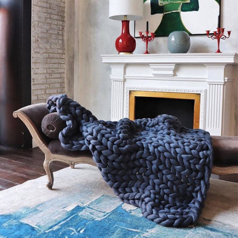 Navy Throw Blanket Navy Chunky Knit Blanket Navy Throws Etsy