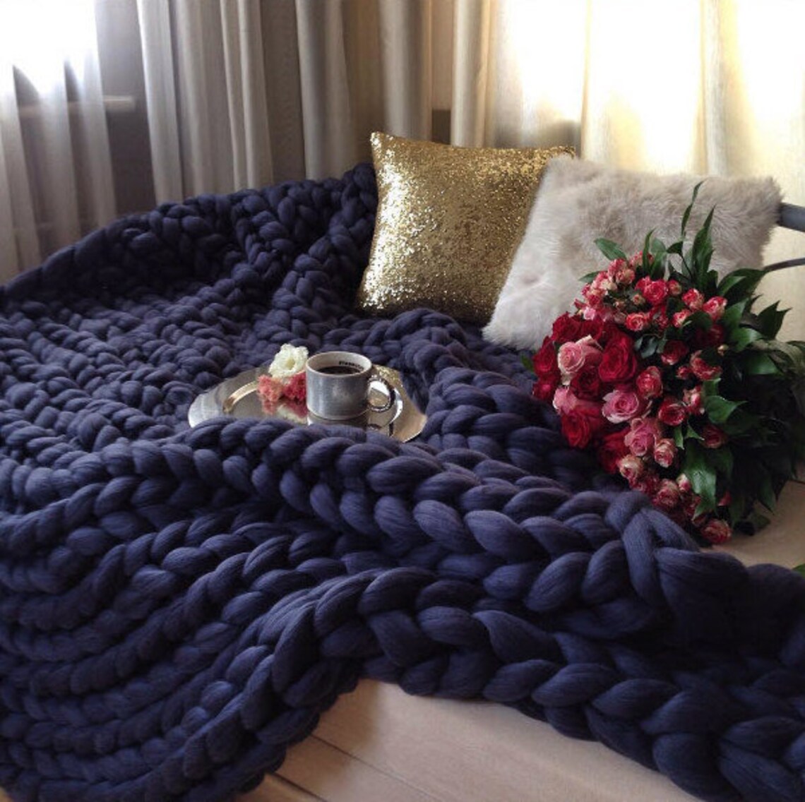 King Size Blanket Chunky Knit Blanket King Size Knitted King Etsy