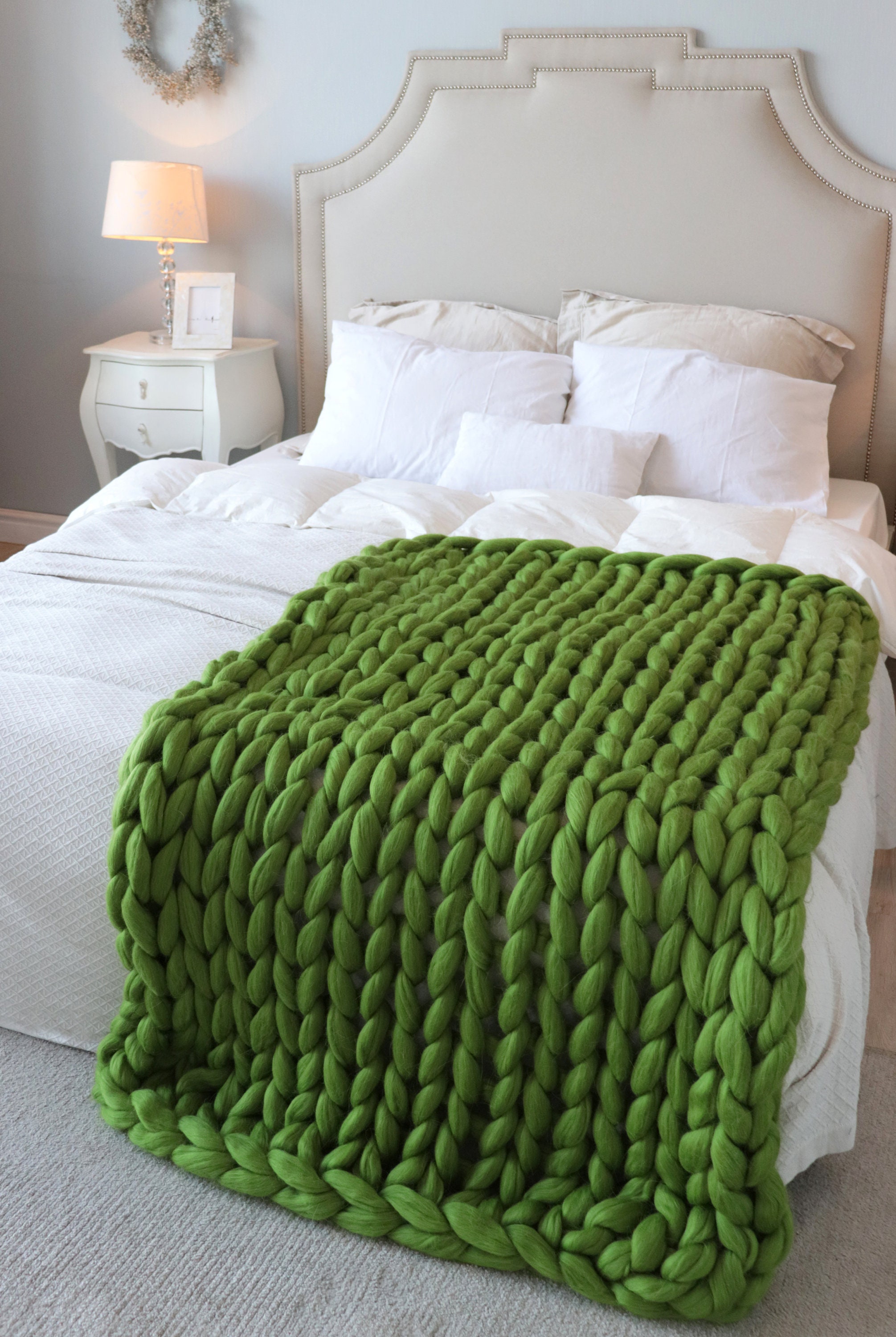 Green Chunky Knit Blanket Green Blanket Green Knitted Etsy